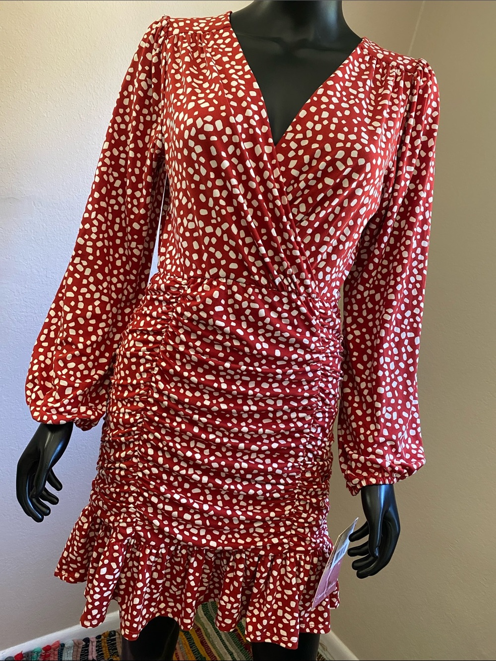 Emerald Sundae Red and White Polka Ruched V-Neck Long Sleeve Dress